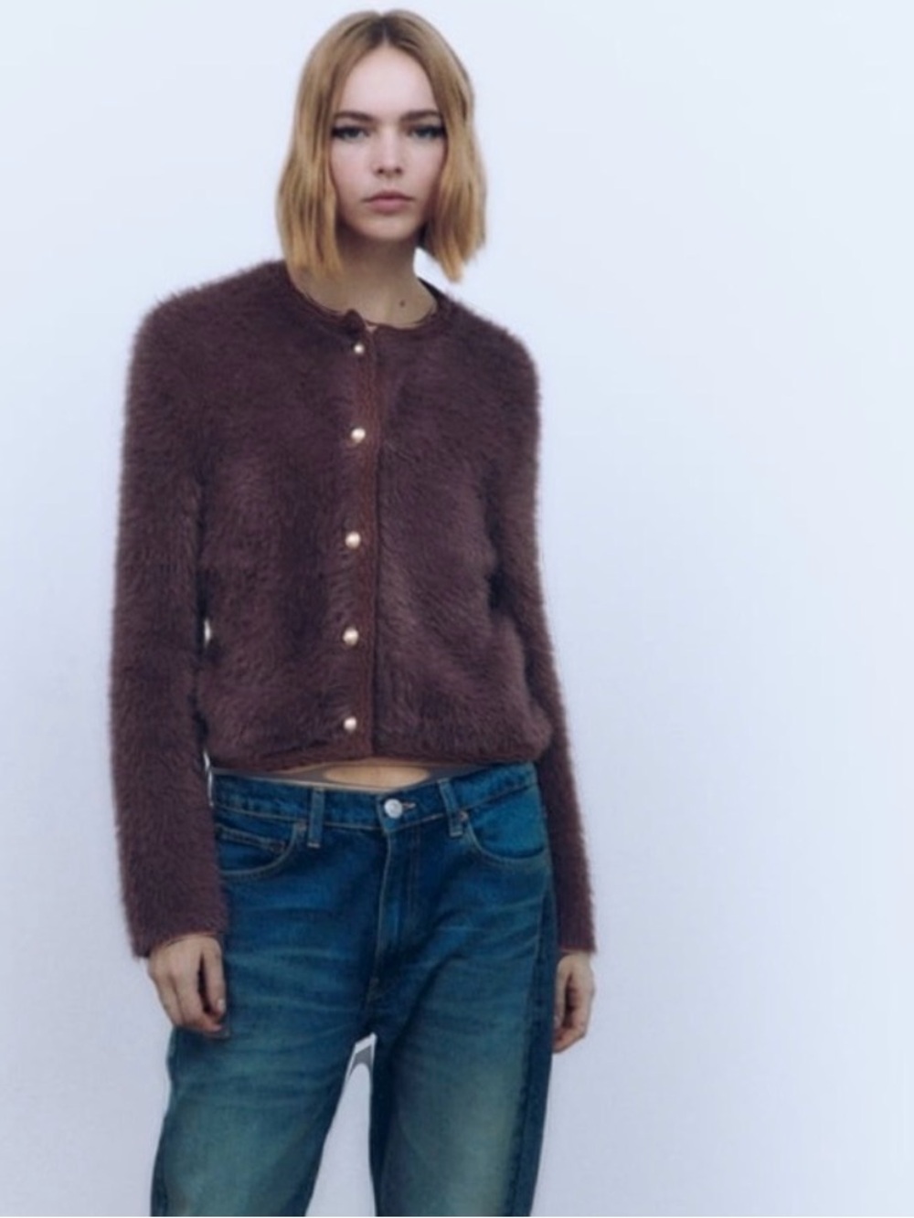 Zara Chocolate-Brown Plush pearl Button-Front Teddy Jacket cardigan S